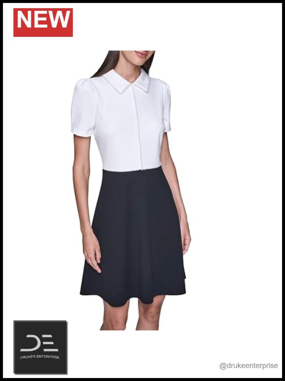 Karl Lagerfeld Collared Pearl Detail Scuba Crepe Fit and Flare Dress